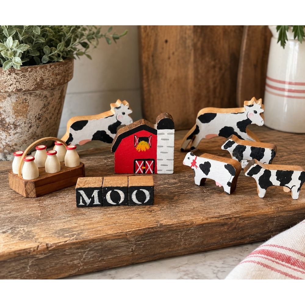 Vintage Wooden Farmhouse Tiered Tray Decor Set Cows Barn Milk Bottles MOO
